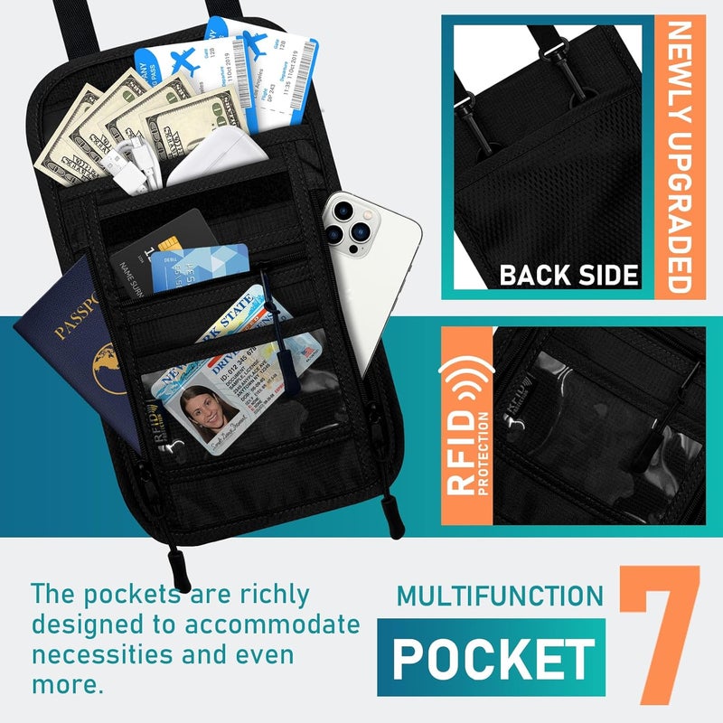 Sundee Travel Neck Wallet with Double Zippers, RFID Blocking Passport Holder with Adjustable Neck Strap for Men and Women to Keep Cash, Credit Cards and Travel Documents Safe - Black - Image 2